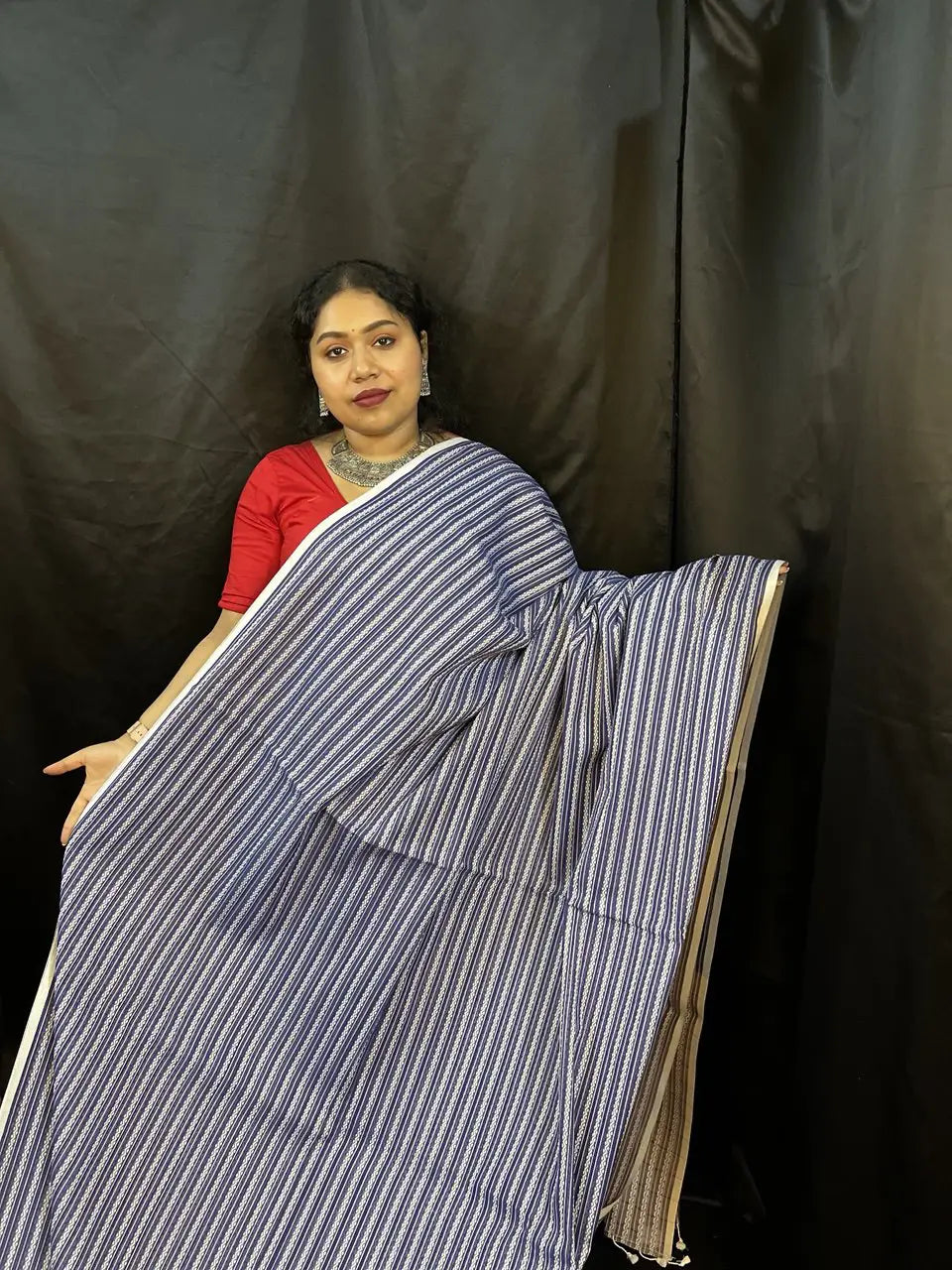 Blue Cotton Handloom Saree – Striped Bengal Tant Weave | Vaarnali