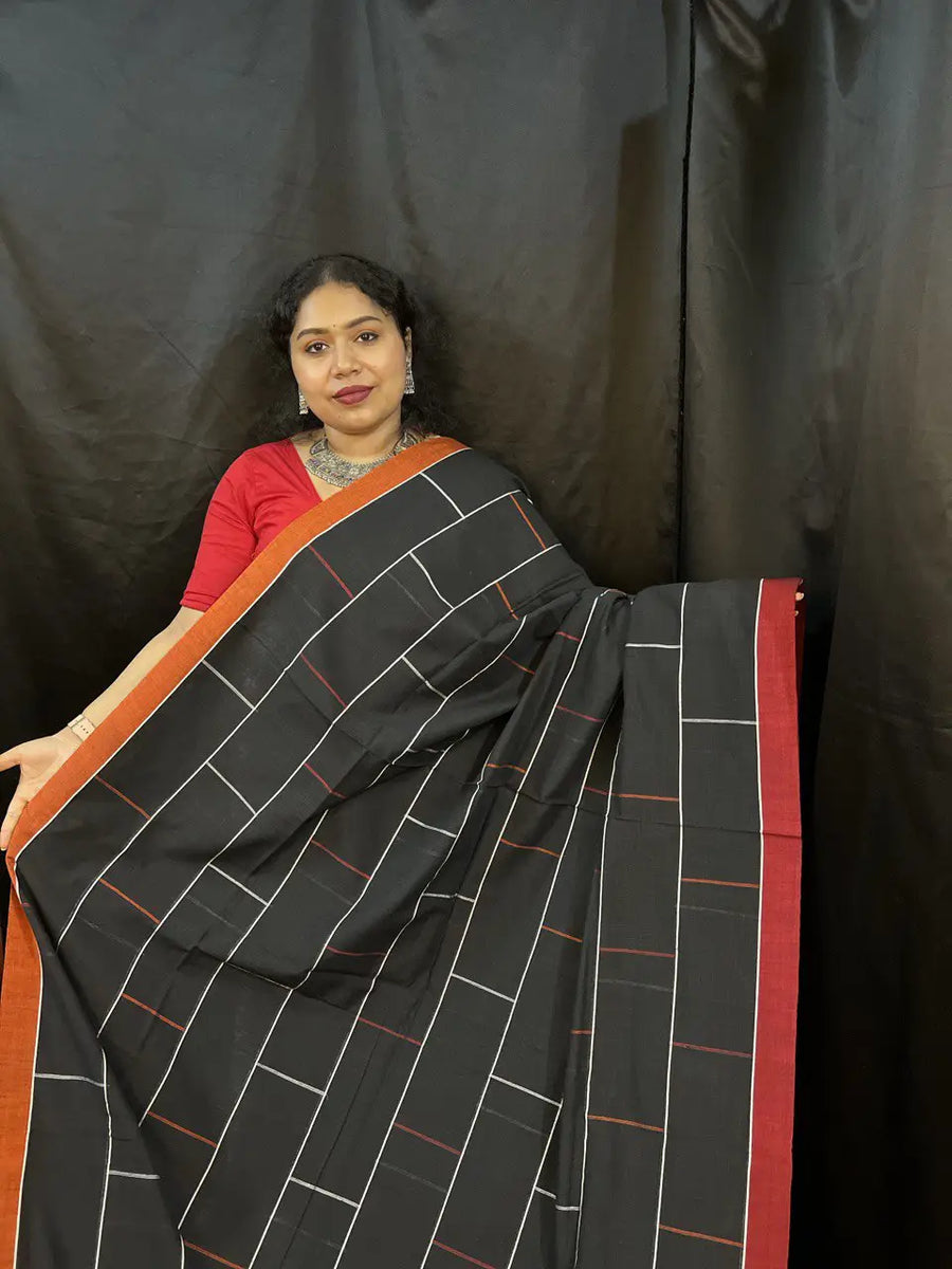 Black Handloom Saree with White Stripes & Red Border | Pure Cotton