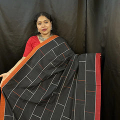Black Handloom Saree with White Stripes & Red Border | Pure Cotton