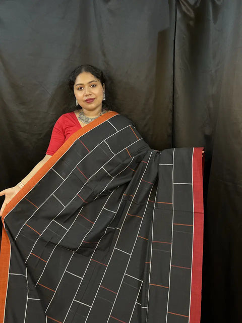 Black Handloom Saree with White Stripes & Red Border | Pure Cotton