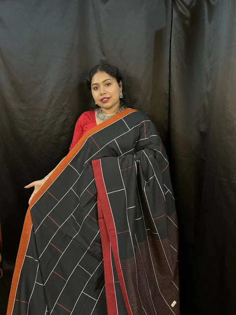 Black Handloom Saree with White Stripes & Red Border | Pure Cotton