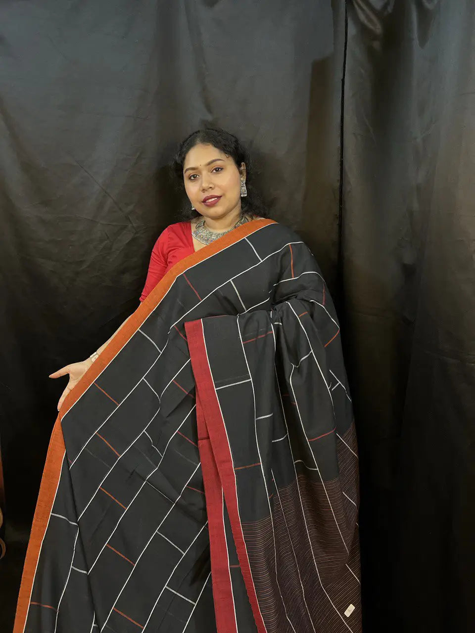 Black Handloom Saree with White Stripes & Red Border | Pure Cotton