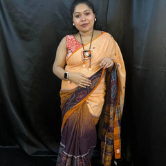 Buy Handloom Saree – Peach & Maroon Cotton Saree with Ikat Border | Vaarnali