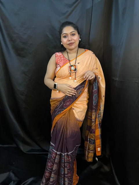 Buy Handloom Saree – Peach & Maroon Cotton Saree with Ikat Border | Vaarnali