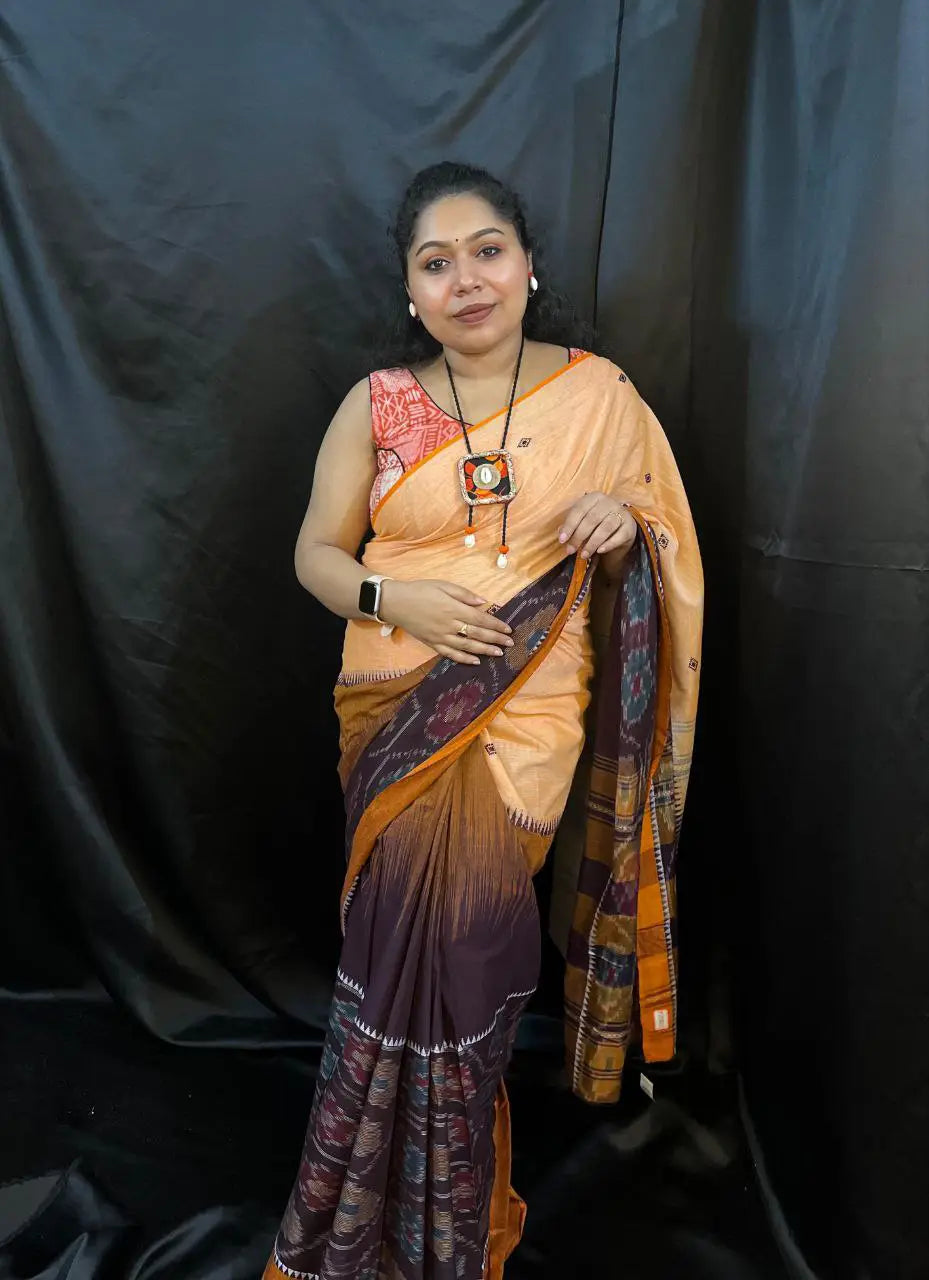 Buy Handloom Saree – Peach & Maroon Cotton Saree with Ikat Border | Vaarnali