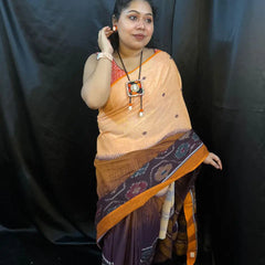 Buy Handloom Saree – Peach & Maroon Cotton Saree with Ikat Border | Vaarnali