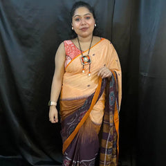 Buy Handloom Saree – Peach & Maroon Cotton Saree with Ikat Border | Vaarnali