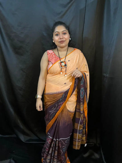 Buy Handloom Saree – Peach & Maroon Cotton Saree with Ikat Border | Vaarnali