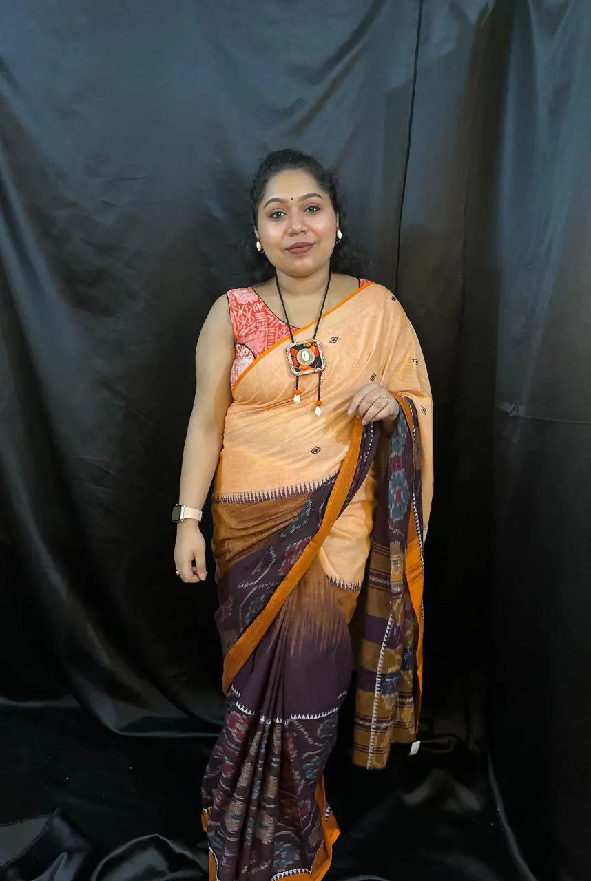 Buy Handloom Saree – Peach & Maroon Cotton Saree with Ikat Border | Vaarnali