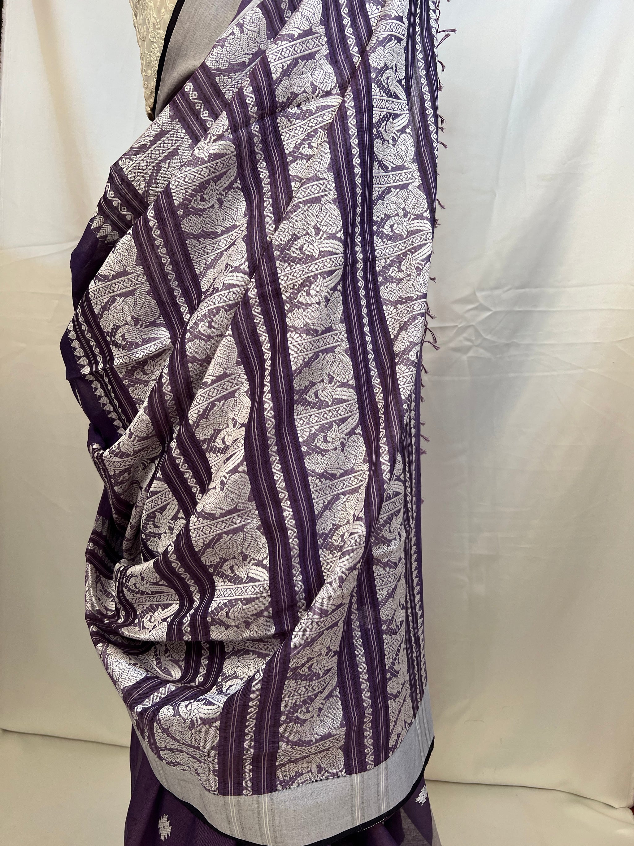 Close-up of delicate zari woven motifs on Purple Cotton Handloom Baluchari Saree.
