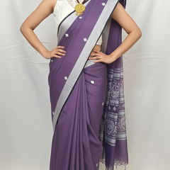 Full view of Purple Cotton Handloom Baluchari Saree with elegant woven motifs and zari border.