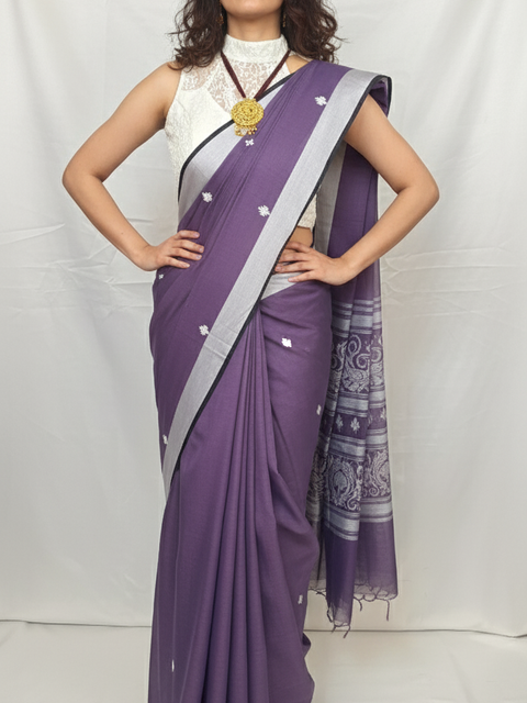 Full view of Purple Cotton Handloom Baluchari Saree with elegant woven motifs and zari border.