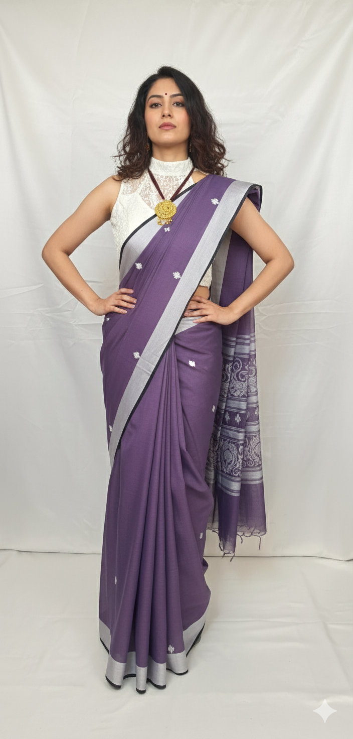 Full view of Purple Cotton Handloom Baluchari Saree with elegant woven motifs and zari border.