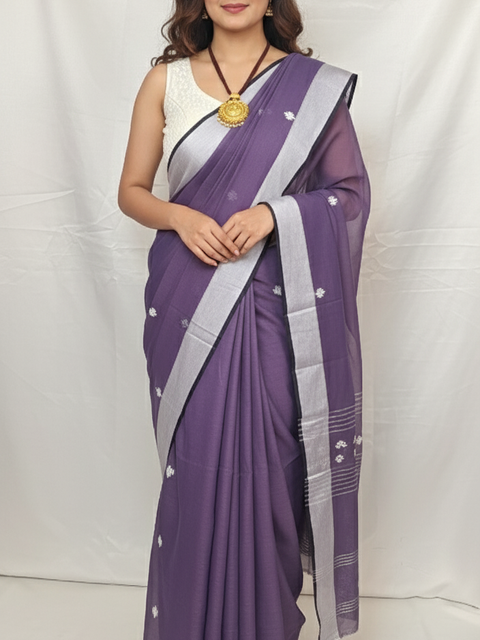 Detailed pallu design of Purple Cotton Handloom Baluchari Saree featuring traditional Bengali motifs.