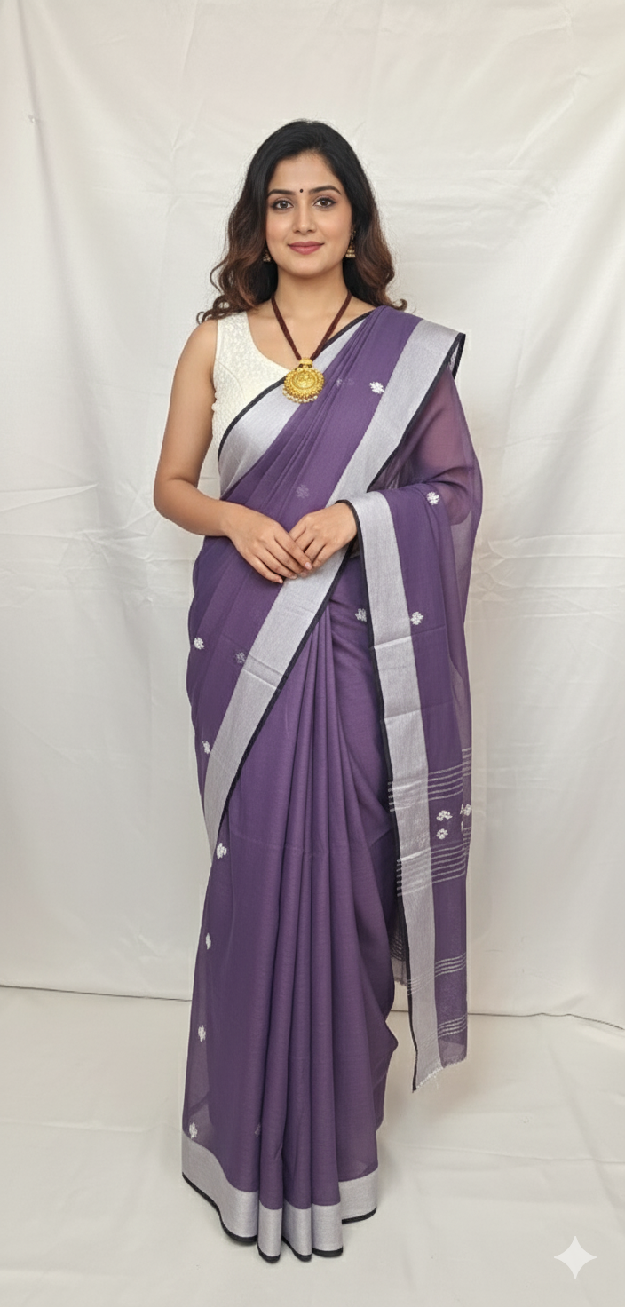Detailed pallu design of Purple Cotton Handloom Baluchari Saree featuring traditional Bengali motifs.
