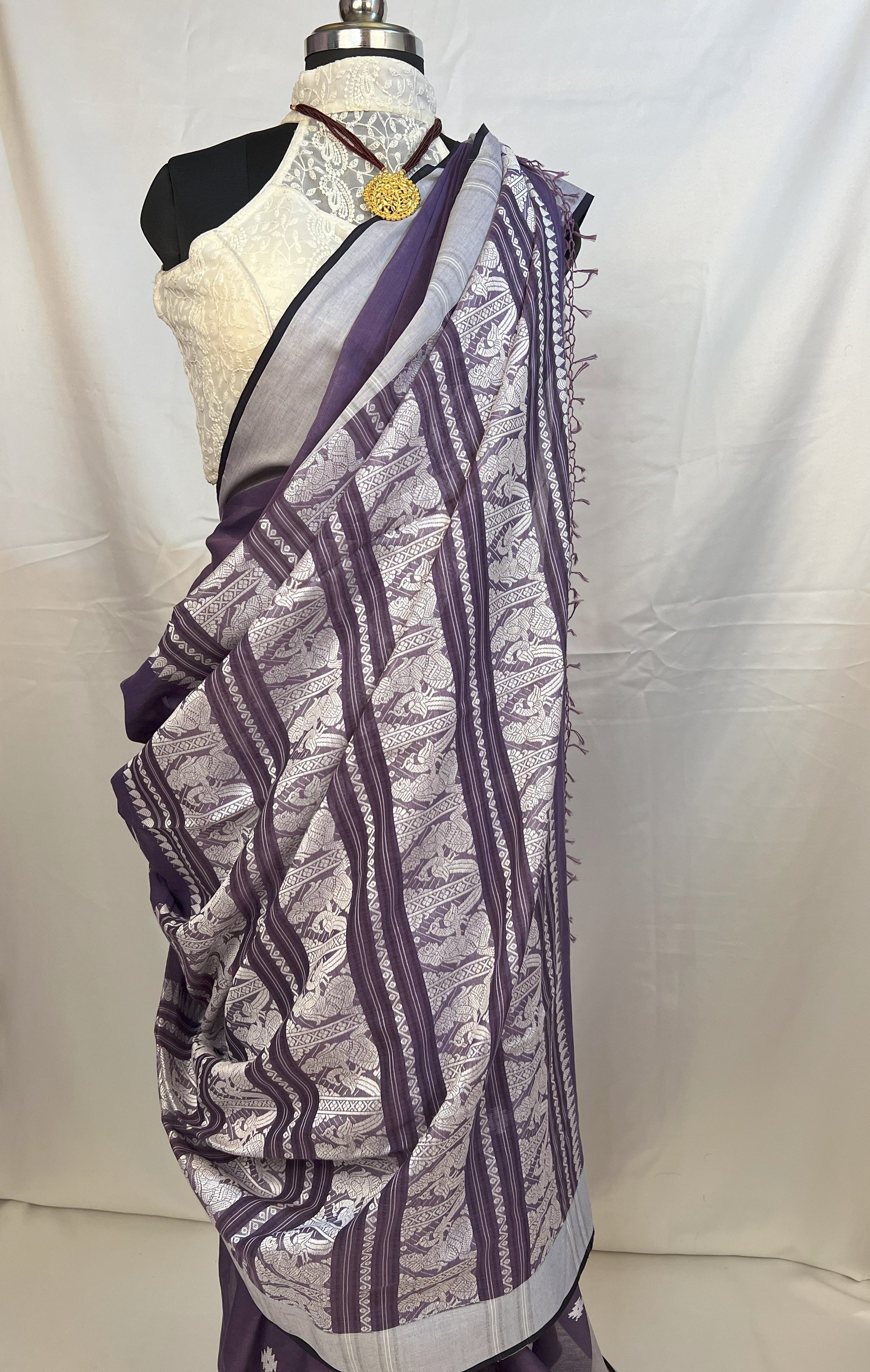Traditional Purple Cotton Handloom Baluchari Saree for wedding and festive occasions.