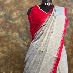 Soft cotton fabric texture of Red White Ash Handloom Saree – Lightweight festive saree