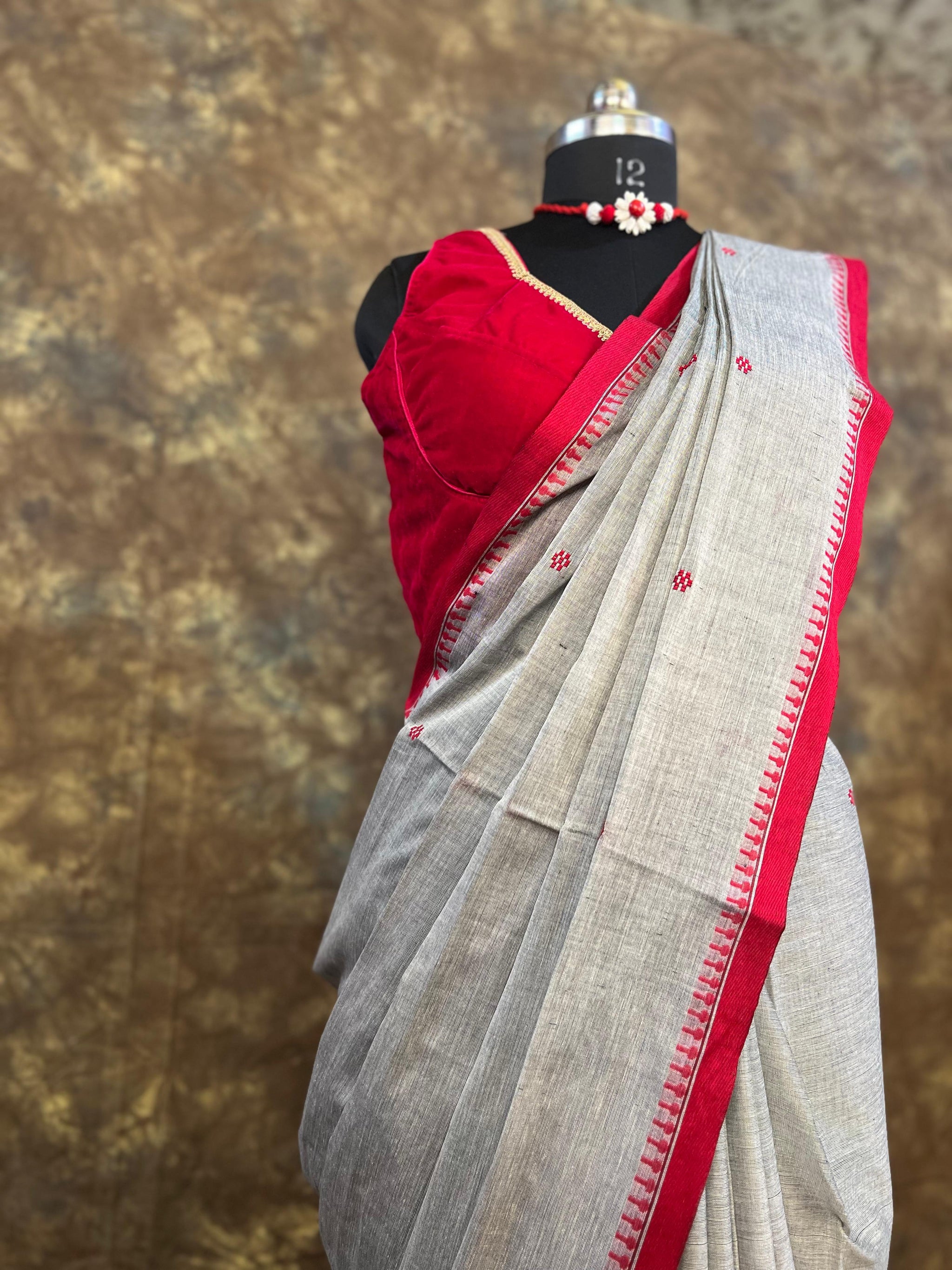 Soft cotton fabric texture of Red White Ash Handloom Saree – Lightweight festive saree
