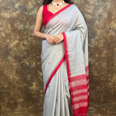 Front view of Red White Ash Handloom Saree – Elegant Cotton Saree for Durga Puja