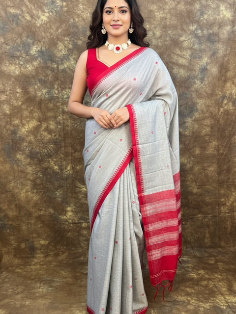 Front view of Red White Ash Handloom Saree – Elegant Cotton Saree for Durga Puja