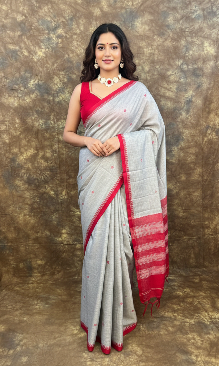 Front view of Red White Ash Handloom Saree – Elegant Cotton Saree for Durga Puja