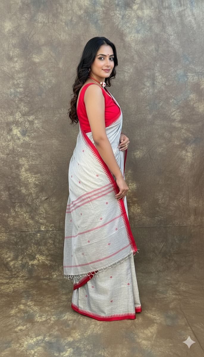 Side profile of woman wearing Red White Ash Handloom Saree – Elegant Cotton Saree for weddings