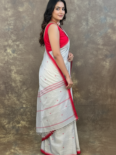 Side profile of woman wearing Red White Ash Handloom Saree – Elegant Cotton Saree for weddings