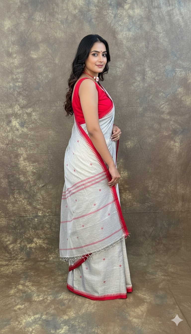 Side profile of woman wearing Red White Ash Handloom Saree – Elegant Cotton Saree for weddings