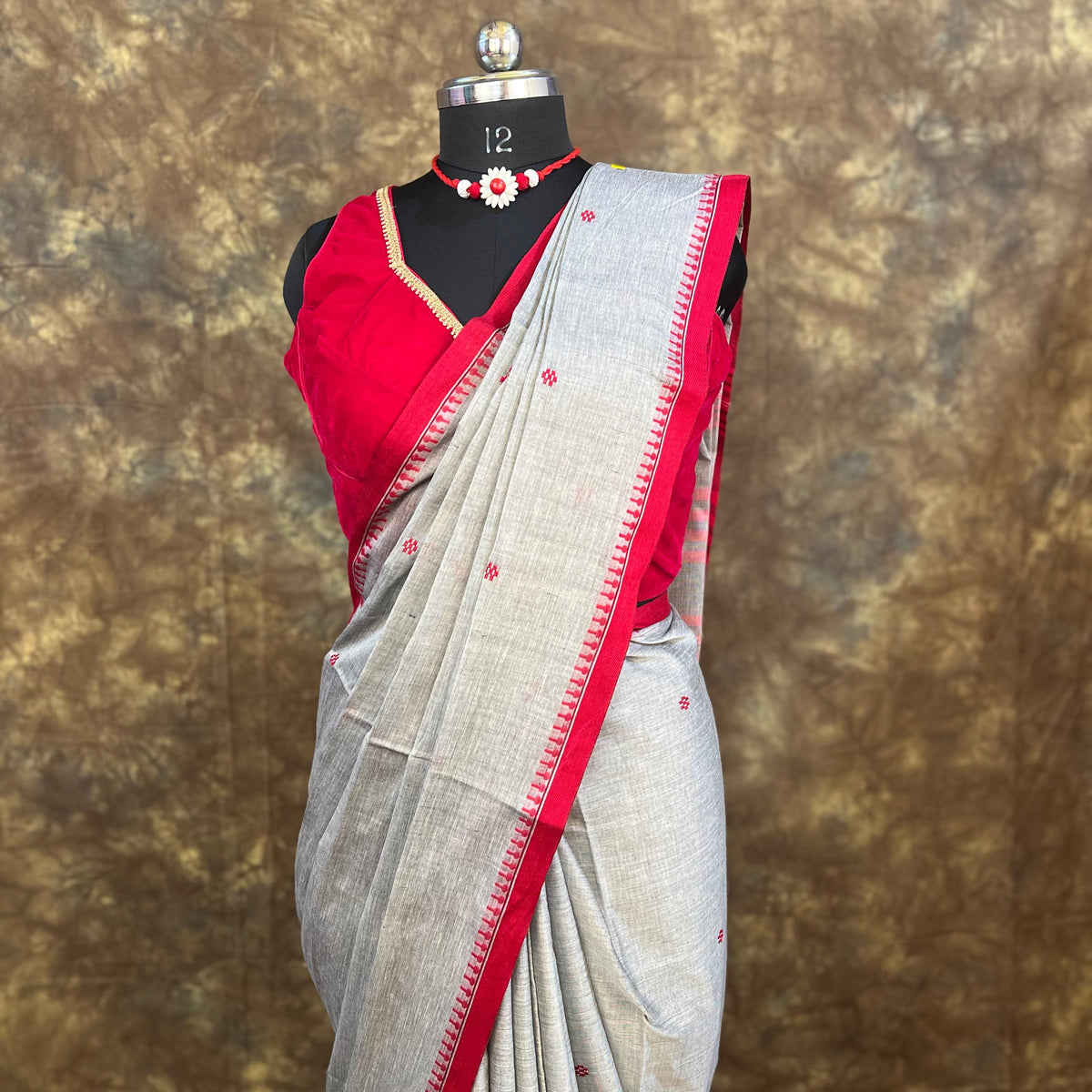 Traditional Bengali draping of Red White Ash Cotton Saree – Perfect for weddings and puja