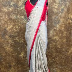 Red White Ash Handloom Saree paired with gold jewellery – Cotton saree for weddings & puja