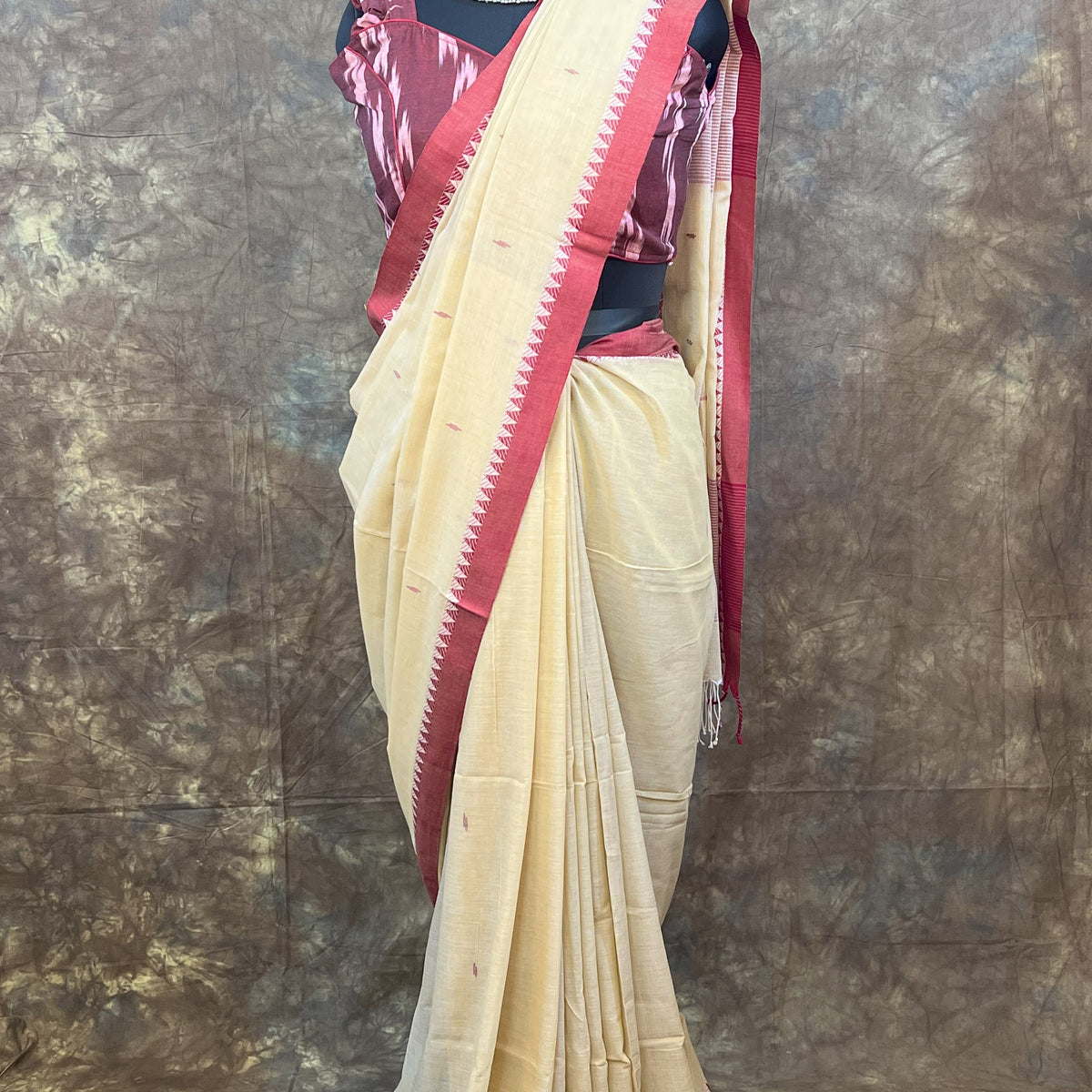 Back view of Red White Beige Handloom Cotton Saree – Perfect party wear saree for functions