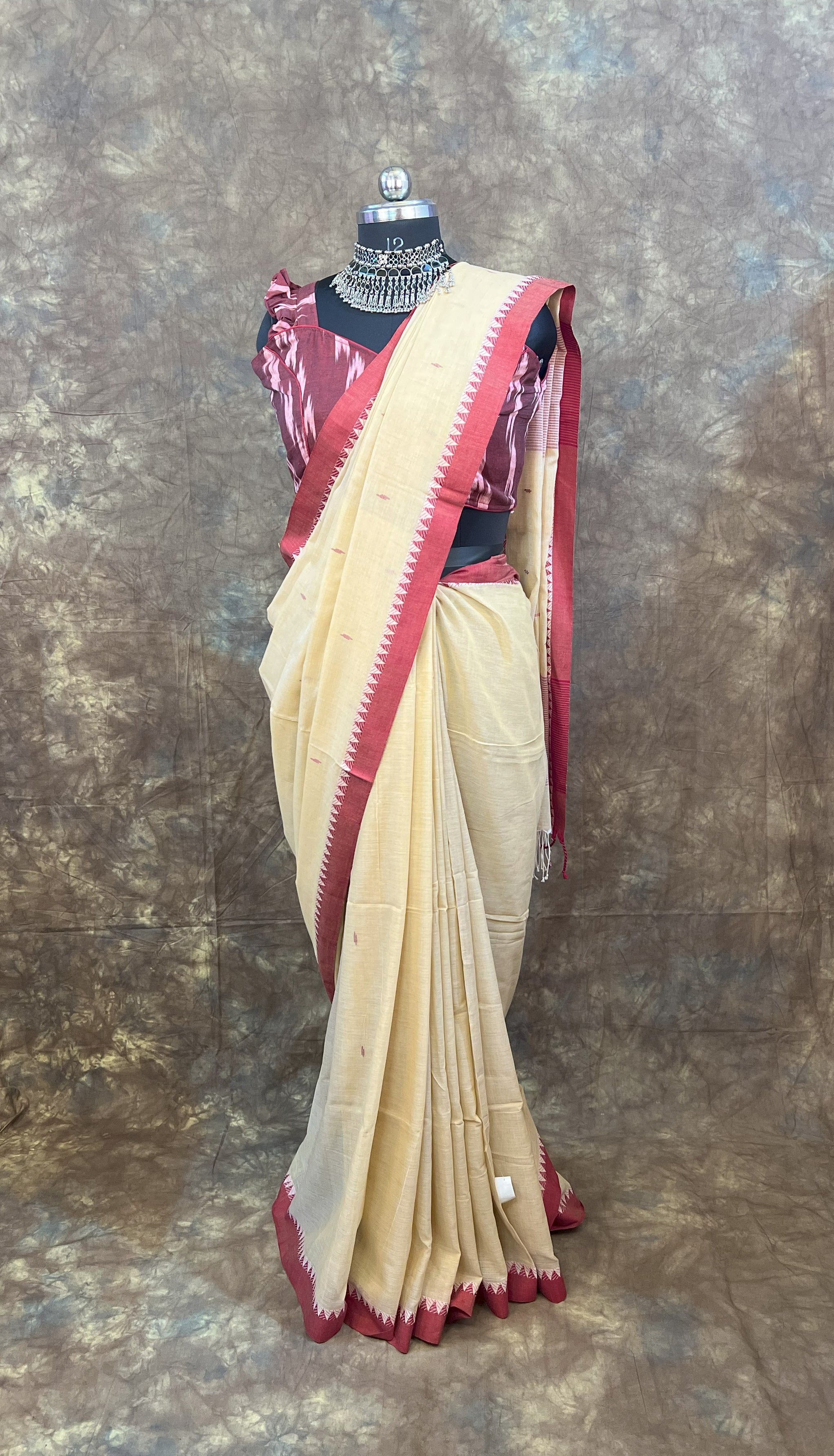 Back view of Red White Beige Handloom Cotton Saree – Perfect party wear saree for functions