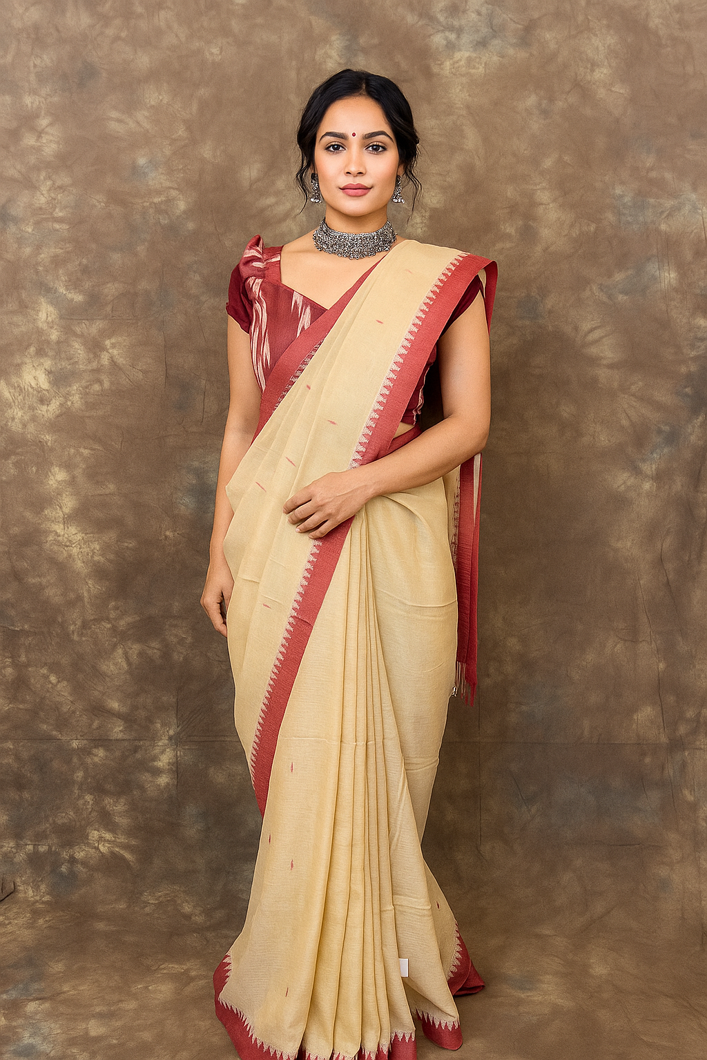 Soft cotton texture of Red White Beige Handloom Saree – Lightweight and elegant party wear