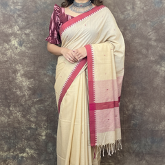 Front view of Red White Beige Handloom Cotton Saree – Perfect farewell saree for women