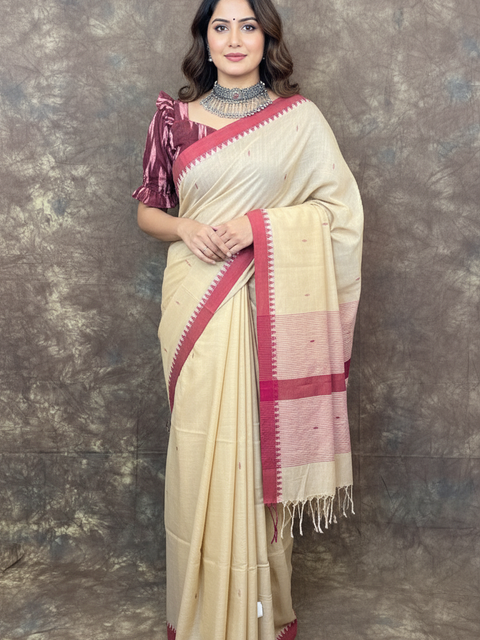 Front view of Red White Beige Handloom Cotton Saree – Perfect farewell saree for women