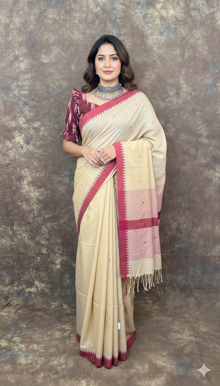 Front view of Red White Beige Handloom Cotton Saree – Perfect farewell saree for women