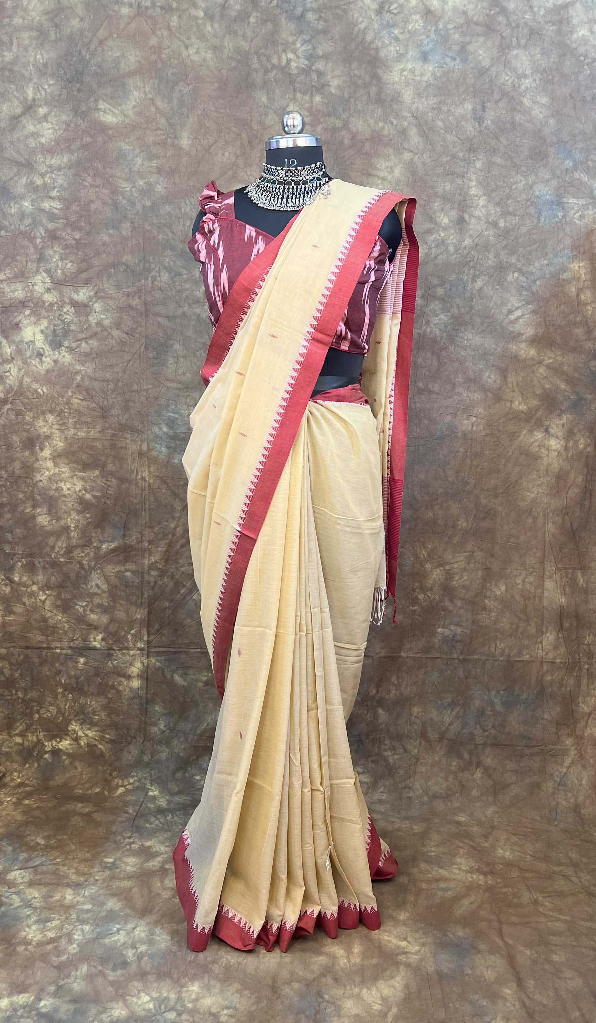 Red White Beige Handloom Cotton Saree styled as party wear saree for women