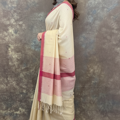 Red White Beige Handloom Cotton Saree paired with jewellery – Elegant party wear saree for women
