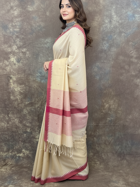 Red White Beige Handloom Cotton Saree paired with jewellery – Elegant party wear saree for women