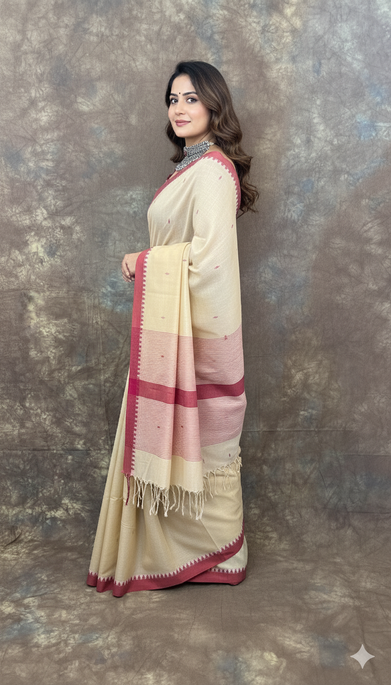 Red White Beige Handloom Cotton Saree paired with jewellery – Elegant party wear saree for women