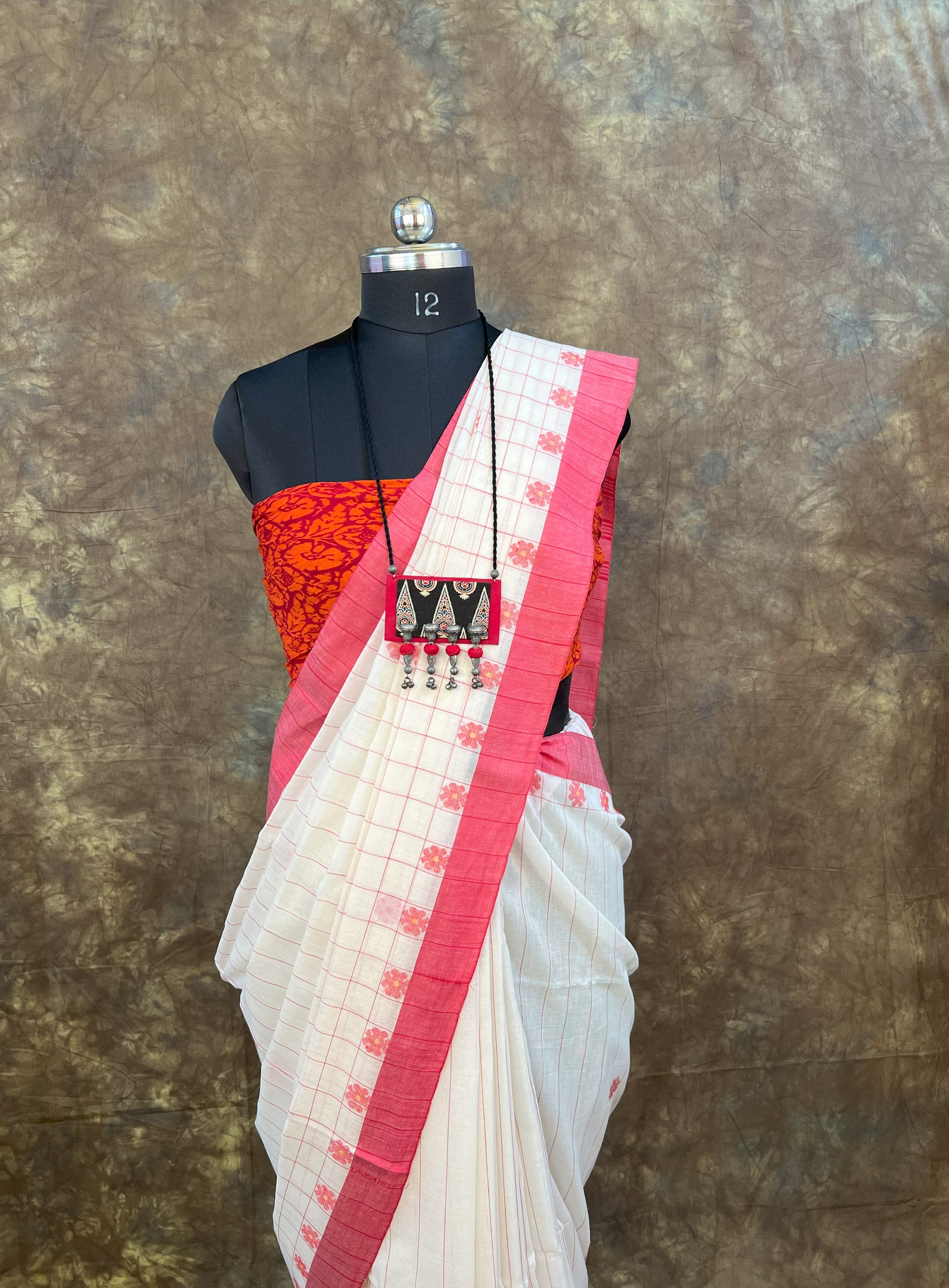 Durga Puja celebration in Red White Bengali Handloom Saree – Sindoor Khela outfit