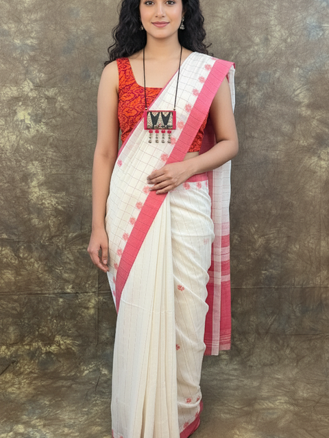 Red White Bengali Saree for Sindoor Khela during Durga Puja – Traditional handloom cotton attire
