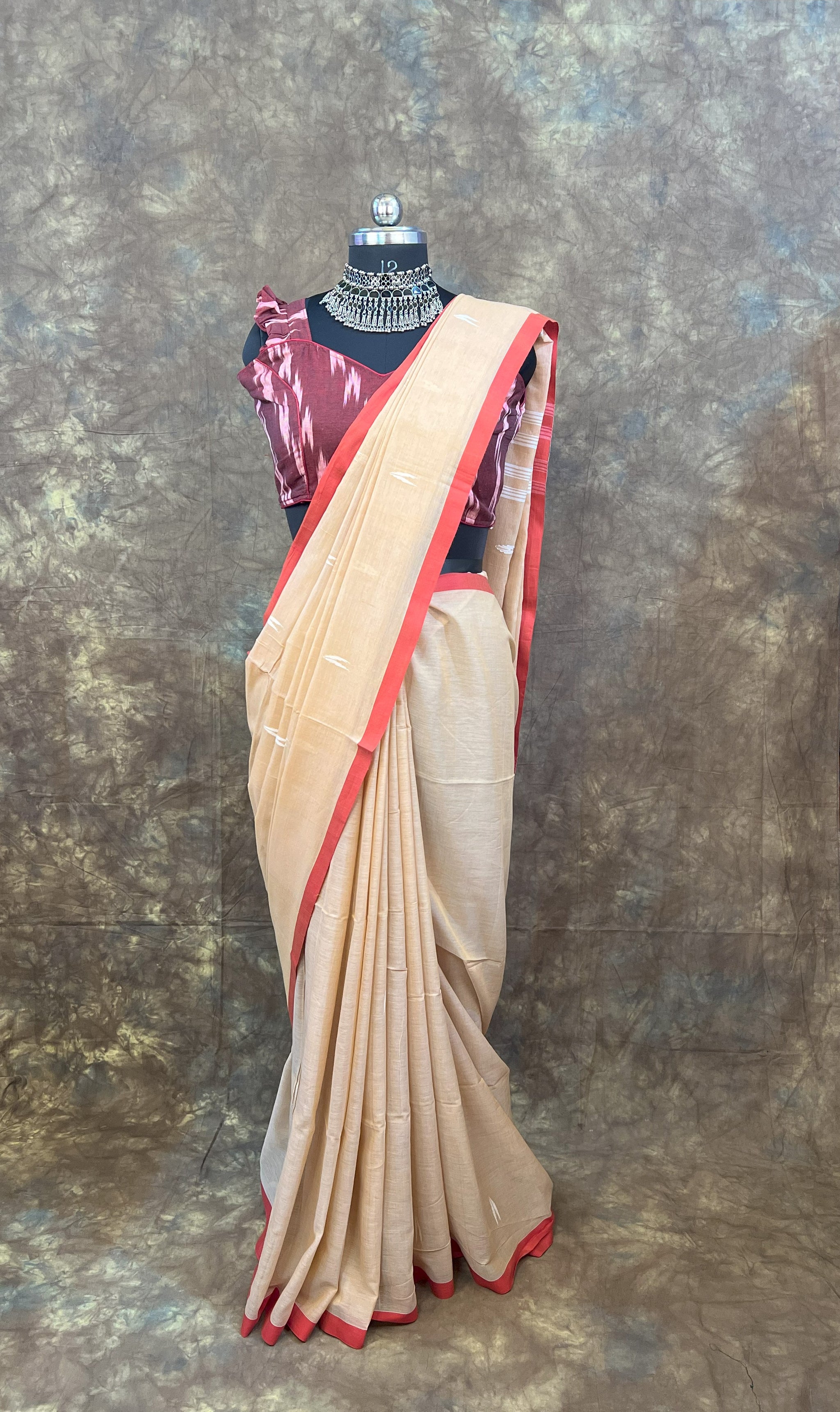 Back view of Red White Chandan Handloom Saree – Lightweight cotton saree for weddings & festivals