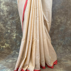 Bengali woman styled in Red White Chandan Handloom Saree – Elegant cotton saree for Durga Puja celebrations