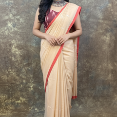 Front view of Red White Chandan Handloom Saree – Elegant Cotton Saree for Durga Puja