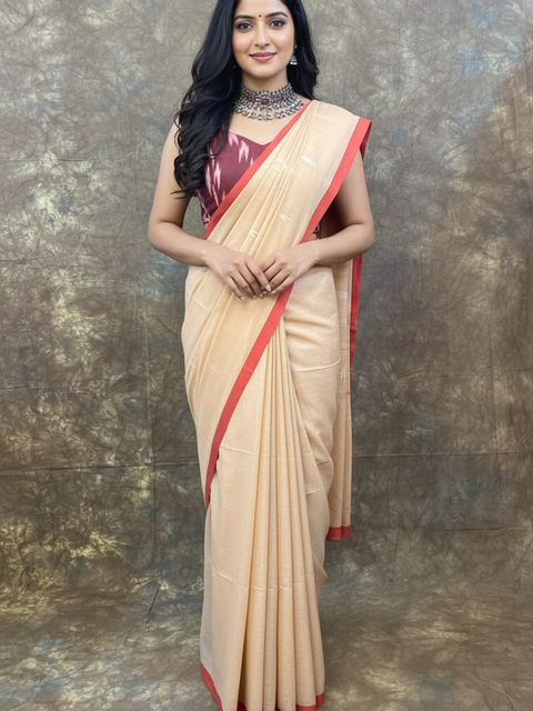 Front view of Red White Chandan Handloom Saree – Elegant Cotton Saree for Durga Puja