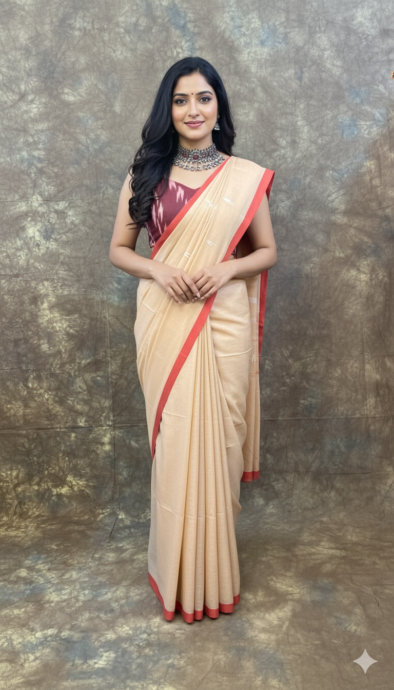 Front view of Red White Chandan Handloom Saree – Elegant Cotton Saree for Durga Puja