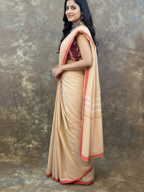 Traditional Bengali draping style of Red White Chandan Handloom Saree – Perfect cotton saree for weddings