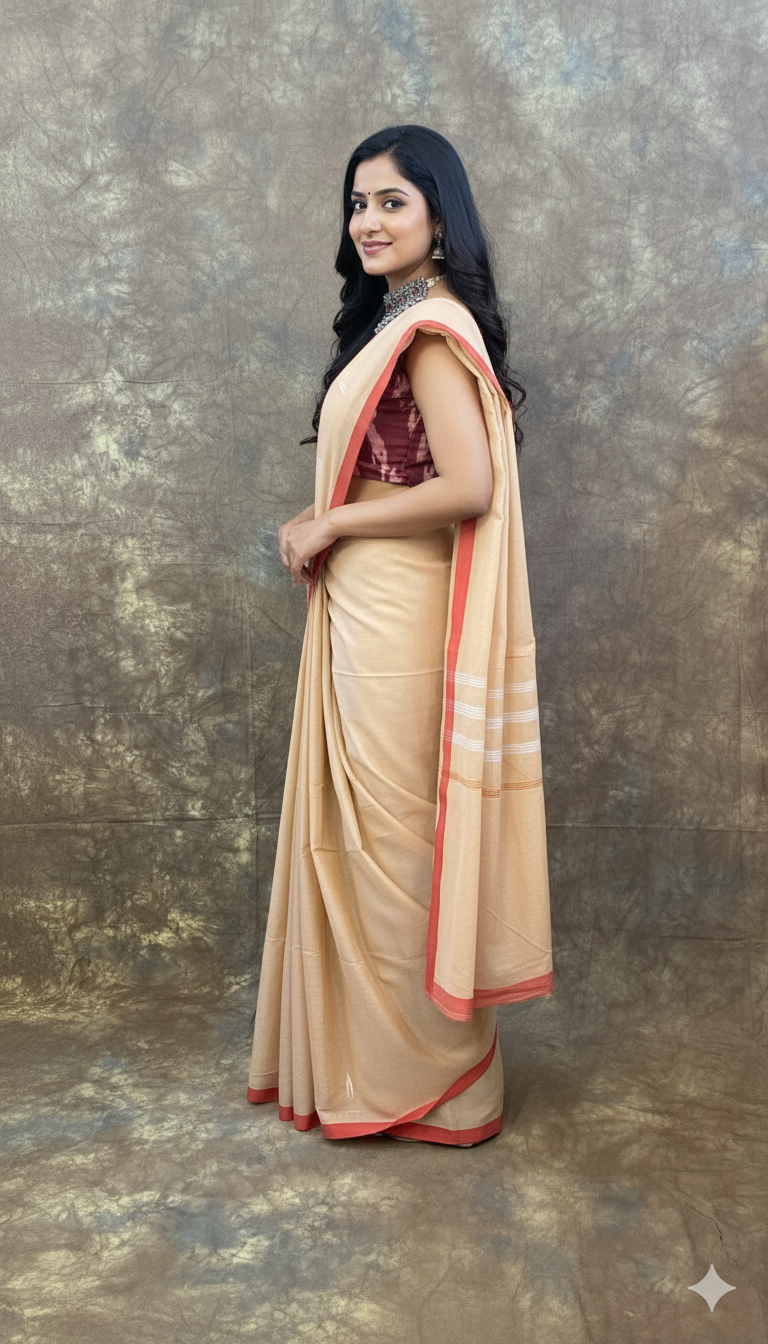 Traditional Bengali draping style of Red White Chandan Handloom Saree – Perfect cotton saree for weddings