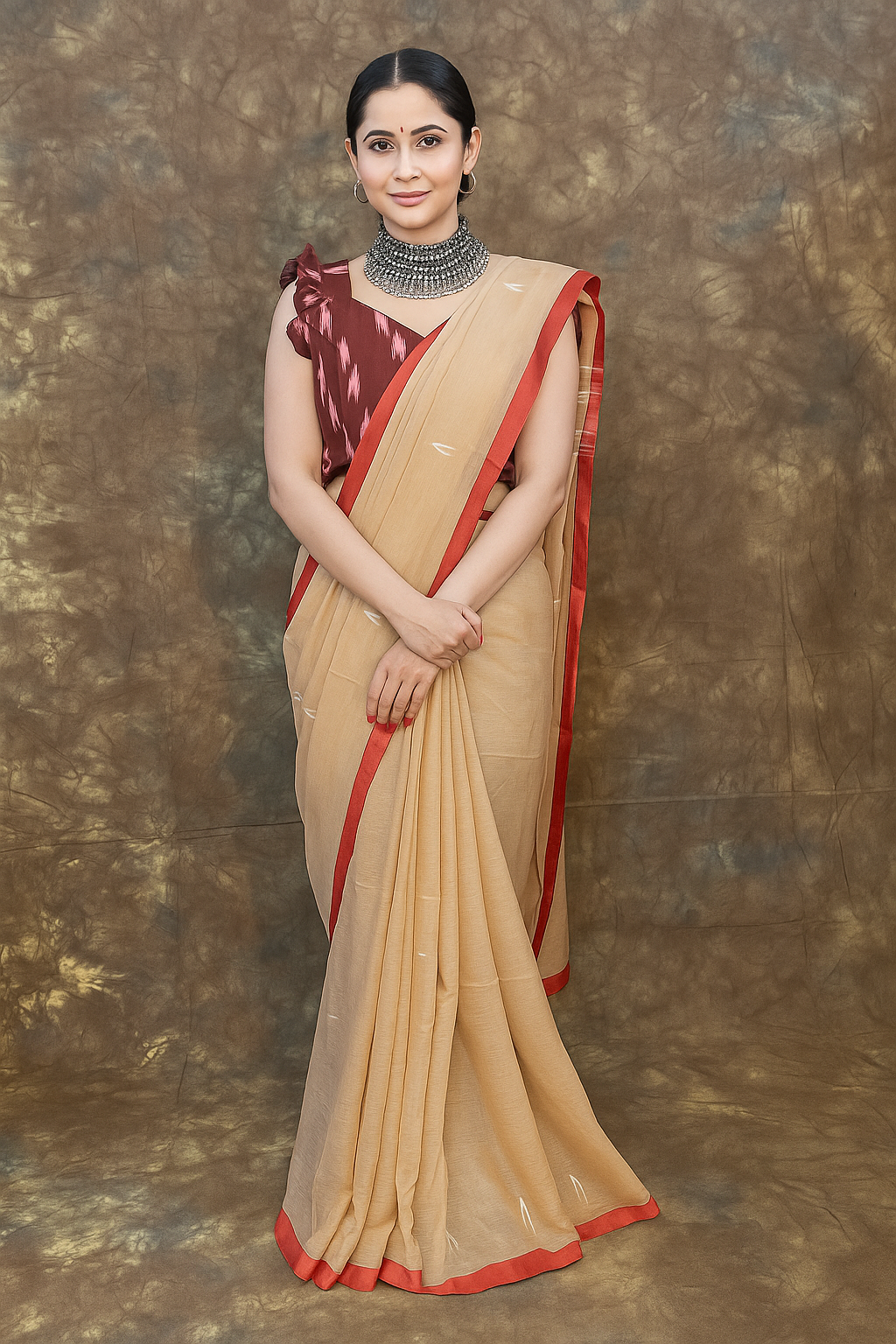 Red White Chandan Handloom Saree paired with traditional gold jewellery – Elegant Bengali cotton saree
